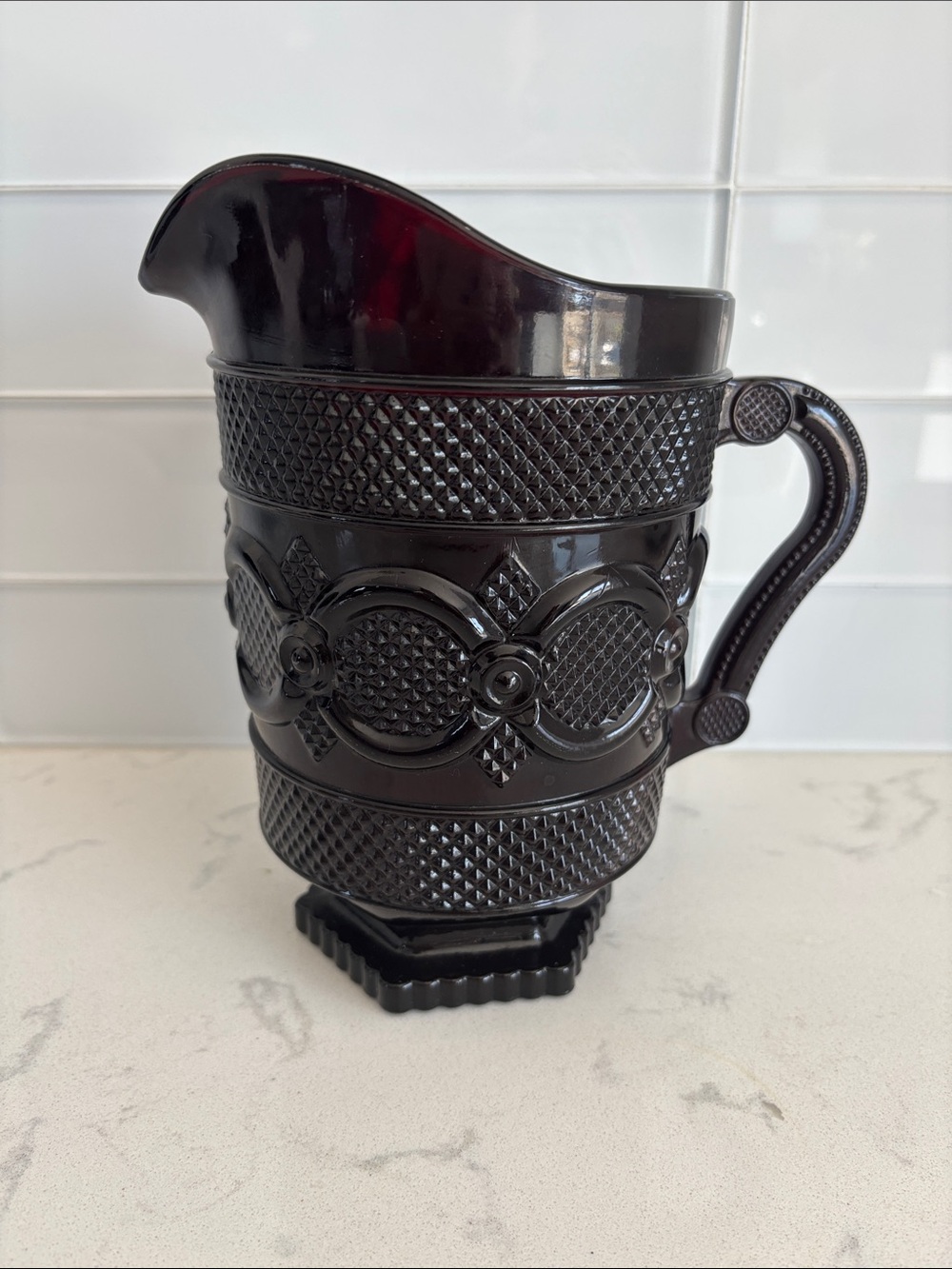 Vintage Avon 1976 Ruby Red Pressed Glass Footed Water Pitcher
